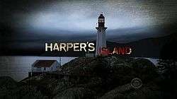 The words "Harper's Island" are separated by a lighthouse. The word "Harper's" is in white, and "Island" is blood red.