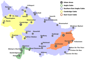 Franchise map showing areas served by Anglia Cable, Southern East Anglia Cable, Cambridge Cable and East Coast Cable