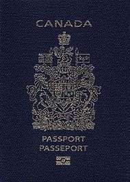 Cover of a Canadian e-Passport.  Cover is navy blue colour with a gold-coloured crest.  Text reads "CANADA" above the crest and "PASSPORT" and "PASSEPORT" below