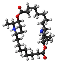 Ball-and-stick model of the carpaine molecule