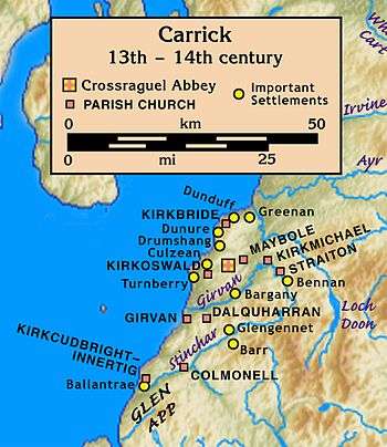 Map of Carrick, 13th–14th century, on the east shore of a large body of water. Its centre was Crossraguel Abbey about 5 km inland. Nine parish churches and eleven important settlements ranged from Ballantrae in the south at the mouth of the Stinchar, then 40 km north to Greenan at the mouth of the Doon, and east to Bennan about 20 km up the Girvan.