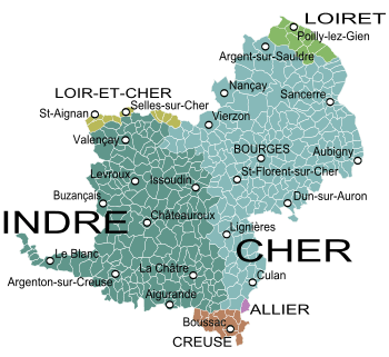 La carte de l'ancienne province du Berry et des communes et départements actuels.