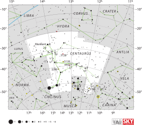 Diagram showing star positions and boundaries of the Centaurus constellation and its surroundings