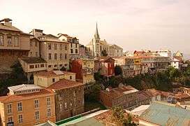 Cityscape with some colorful houses on a slope.