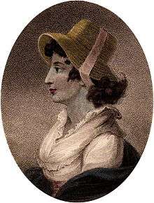 Half-length profile portrait of a woman wearing a bonnet