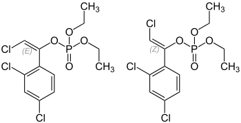 Skeletal formulas of (E)-chlorfenvinphos (left) and (Z)-chlorfenvinphos (right)