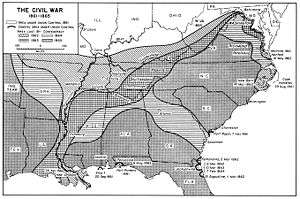 A map of the U.S. South showing shrinking territory under rebel control