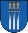 A coat of arms depicting three golden crowns with five spikes protruding from their tops all on a blue background