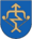 A coat of arms depicting a golden arrow with a zig-zag in the middle of it pulled back on a golden bow all on a blue background