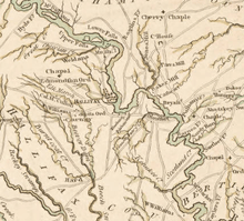 An excerpt from John Collet's 1770 map showing the Roanoke River running Northwest to Southeast, with Halifax depicted as a large settlement on the river at the center of the map.