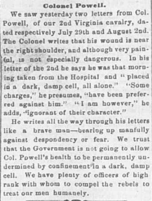 old newspaper article describing Powell in Confederate prison