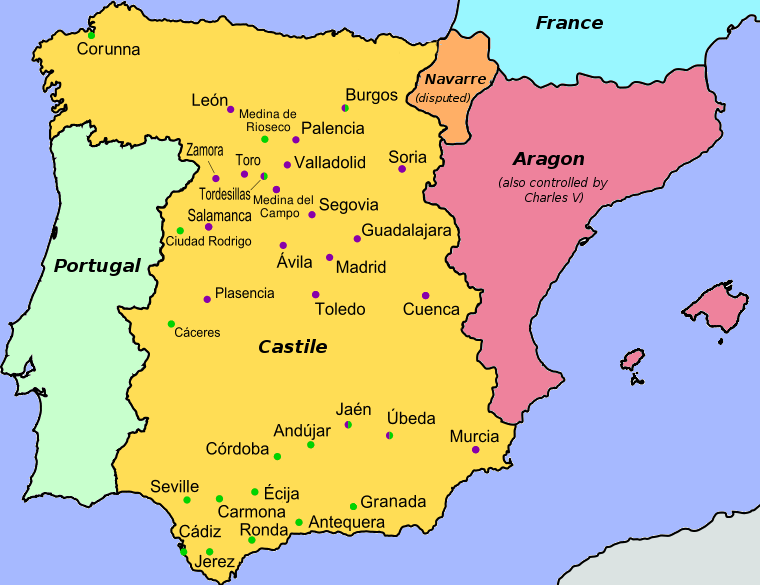 Map of Spain with cities colored by affiliation; see text for details.