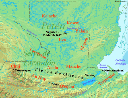 Northern Guatemala is a flat lowland plain dropping off from the Cuchumatanes mountain range sweeping across in an arc to the south. To the east of the mountains is the large lowland Lake Izabal, with an outlet into the Amatique Bay to the east, which itself opens onto the Gulf of Honduras. Immediately north of the mountains is the Lacandon forest, with Petén to the northeast. Ystapalapán was a settlement in the western Cuchumatanes, in the territory of the Chuj. Cobán was in Q'eqchi' territory, in the foothills half way between Ystapalapán in the west and Lake Izabal in the east. Xocolo was at the northeastern extreme of Lake Izabal, where it flows out towards the sea. Nito, also known as Amatique, was on the coast where the river flowing out of the lake opened into the Amatique Bay. The area south of the lake was Toquegua territory. The Manche occupied the lands to the northwest of the lake, with the Acala to their west between the Manche and the Chuj. The Lacandon were northwest of the Acala, straddling the border with Mexico. Lake Petén Itzá was in the centre of Petén, to the north. It was the location of Nojpetén, with the Itza lands stretching southwards from the lake. To the east of the Itza and northeast of the Manche were the Mopan, on the border with Belize. North of the Mopan were the Yalain, east of Lake Petén Itzá. The Kowoj were to the northeast of the lake and the Kejache to the northwest. The "Tierra de Guerra" ("Land of War") covers a broad northern swathe of the mountains and the southern portion of the lowlands.