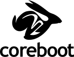 Graphic of a running hare in black and white above text "coreboot" in lowercase sans-serif font