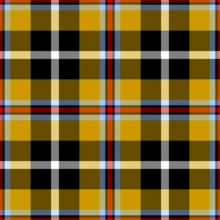 A square consisting of crossed lines of vivid colours. Yellow and black form thick, crossed lines producing large squares of colour, intersected by thinner lines of white, blue and red. The design is symmetrical and repeating.