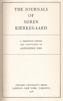 Title page of a book, headed "THE JOURNALS OF SØREN KIERKEGAARD"