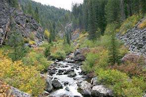 Photo of Crooked Creek flowing through a steep mountain valley