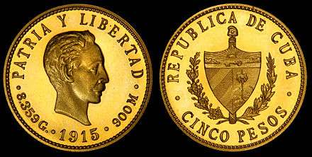 The Coat of arms of Cuba depicted on the obverse of a 1915 gold 5 Cuban peso coin.