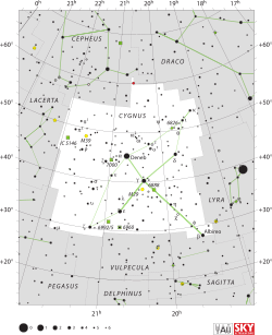 Diagram showing star positions and boundaries of the Cygnus constellation and its surroundings