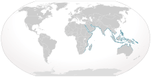 World map with blue coloring all around the periphery of the Indian Ocean from South Africa to northern Australia, and through Southeast Asia including the Philippines and New Guinea