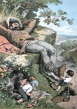 Illustration of the fairy tale character, Tom Thumb, on a hillside, next to a giant's foot.