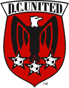 A shield with stylized black eagle facing right on a red field under the words "D.C. United". Below the eagle are three white stars with soccer balls.