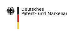 From left to right: A stylised black eagle with wings outstretched, head facing left; A vertical sequence of black (top), red and yellow (bottom) rectangles; The text "Deutsches Patent- und Markenamt"