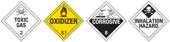 4 diagonal placards with warnings, poison, corrosive, inhalant, oxidant