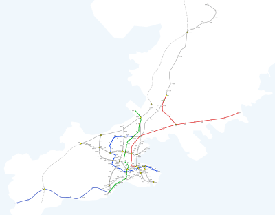 Schematic railroad map, with color-coded lines