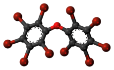 Ball-and-stick model of the decabromodiphenyl ether molecule