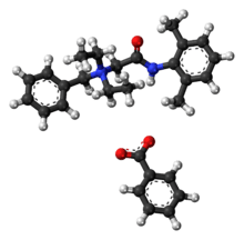 Ball-and-stick models of the both ions in denatonium benzoate