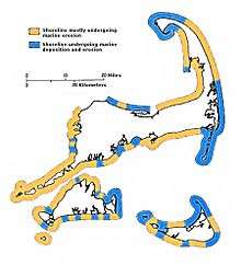 Map of Cape Cod showing shores undergoing erosion (cliffed sections) and shores characterized by marine deposition (barriers).