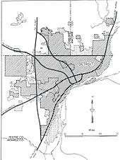 Black and white map from the General Location of National System of Interstate Highways Including All Additional Routes at Urban Areas Designated in September 1955