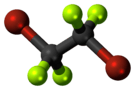 Ball-and-stick model of the dibromotetrafluoroethane molecule