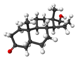 A ball-and-stick model of dihydrotestosterone.