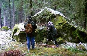 Two humans with their backs to the viewer stand in front of a large boulder in the middle of woodland. One of the figures is pouring a liquid onto the ground.