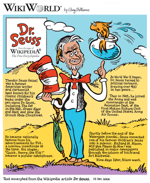 A cartoon shows a bearded man with a red bow tie holding numerous items. He holds the hat from Dr. Seuss's "The Cat in the Hat" and balances a fishbowl on his left index finger.