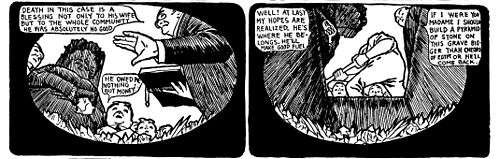 Two panels of a comic strip of a man being buried alive