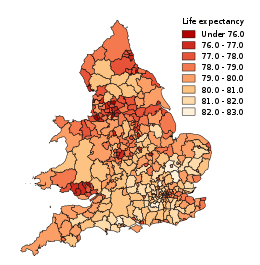 Map of districts in England and Wales shaded by life expectancy.