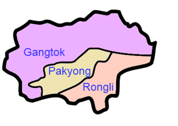 A clickable map of East Sikkim exhibiting its three subdivisions.