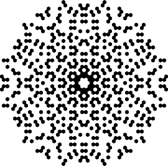 "A set of dots lying within a circle. The pattern of dots has sixfold symmetry, i.e., rotations by 60 degrees leave the pattern unchanged. The pattern can also be mirrored about six lines passing through the center of the circle: the vertical and horizontal axes, and the four diagonal lines at ±30 and ±60 degrees."