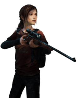 Artwork of a teenage girl, with brown hair. She is holding a sniper rifle in front of her, and looking at something to her left.