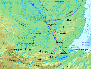 Northern Guatemala is a flat lowland plain dropping off from the Cuchumatanes mountain range sweeping across in an arc to the south. To the east of the mountains is the large lowland Lake Izabal, with an outlet into the Amatique Bay to the east, which itself opens onto the Gulf of Honduras. Immediately north of the mountains is the Lacandon forest, with Petén to the northeast. Ystapalapán was a settlement in the western Cuchumatanes. Cobán was in the foothills half way between Ystapalapán in the west and Lake Izabal in the east. Xocolo was at the northeastern extreme of Lake Izabal, where it flows out towards the sea. Nito, also known as Amatique, was on the coast where the river flowing out of the lake opened into the Amatique Bay. Lake Petén Itzá was in the centre of Petén, to the north. It was the location of Nojpetén. Tipu was situated to the east of Nojpetén, just to the east of the modern border with Belize. The "Tierra de Guerra" ("Land of War") covers a broad northern swathe of the mountains and the southern portion of the lowlands. The 1525 entry route crossed from the north, to the northwest of Lake Petén Itzá, passing the western tip of Nojpetén and close to the city. It then continued southeast to Xocolo, where it turned northeast to Nito, where it ended on the Caribbean coast. The 1618–1619 route entered from northeastern Belize and crossed southwest to Tipu, then headed westward to Nojpetén. A 1695 route left Cahabón and headed northeast before turning north to Mopán. From Mopán it curved northwest to Nojpetén. The 1695–1696 route entered from the north extreme and meandered southwards to Nojpetén.