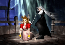 In an underground environment on top of an ancient alter, a silver-haired man in black clothing has just used his long sword to stab a brown-haired woman in red clothing through the chest, and now withdraws it.