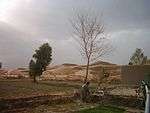 A farmer in his field next to a building.