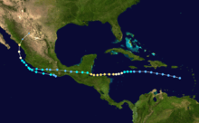 A map of Central America depicting a storm track which begins south of Puerto Rico and heads westward, crossing into the Pacific before turning north and striking the coast of the Mexican mainland.