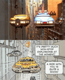 A screenshot of a flying taxi in the film, placed above a drawing of a flying taxi from a comic book