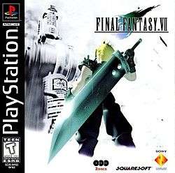 A blond-haired man in black clothing and armor stands with a giant sword on his back. In the foreground is a futuristic building shown in monochrome. A logo illustration, showing the game's title and a blue-green stylized depiction of a falling meteorite, is displayed in the top right hand corner.