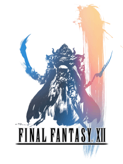 An armor-clad man with a long cape holds two curved swords. He stands above the logo of Final Fantasy XII. The piece is done in a pastel watercolor style with a large vertical streak on the right side fading from peach to pink to blue.