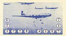 Leaflet showing B-29s dropping bombs. There are 12 circles with 12 Japanese cities named in Japanese writing.